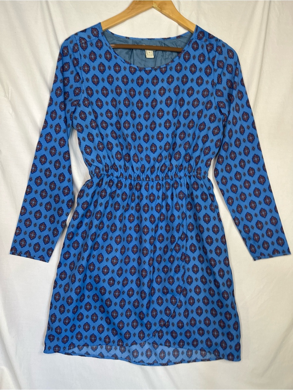 J. Crew Blue Long-Sleeve Printed Waist-Defining Dress